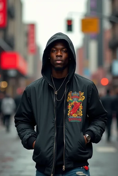 Close-up on a young black man, wearing a high quality hooded jacket, estilo streetwear, walking confidently down the street.]