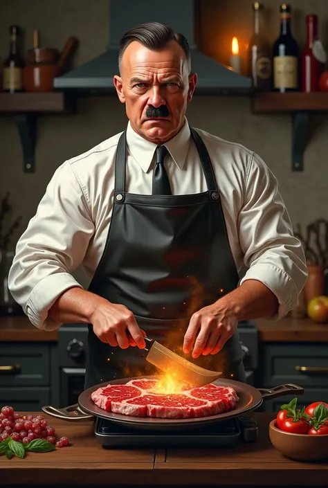 A logo for a restaurant in the shape of Hitler, with an apron, muscular and already spatula and a meat cleaver in his hands, Cooking a Jew inside an oven