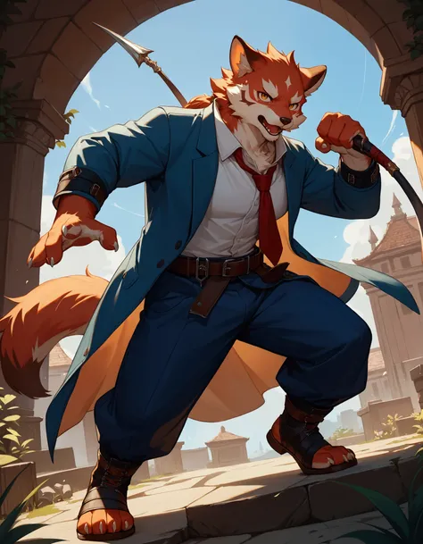 rating_safe, score_9, score_8_up, score_7_up, score_6_up, score_5_up, score_4_up, source_furry, highres, e621, cover page, social game, unit illustration, fighting pose, fantasy, 1boy, solo, furry, kemono, detailed body fur, full body,