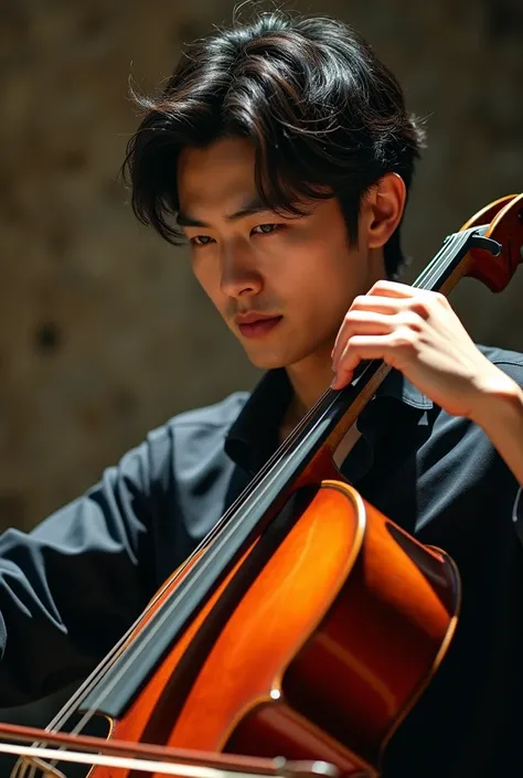 ((A man))((close-up))((Half-length portrait))((Masterpiece))((real photos))A 3 handsome Japanese man plays the cello alone.He was completely immersed in the beautiful melody and music atmosphere.