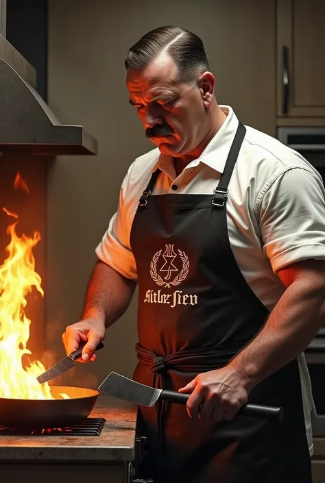 A logo for a restaurant in the shape of Hitler wearing an apron, muscular and a spatula and a meat cleaver in his hands, Cooking a Jew inside an oven