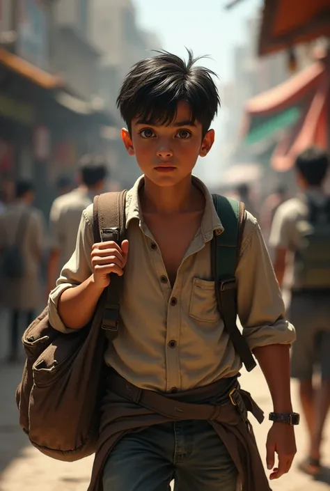 A young men hanging the bag on his shoulder
