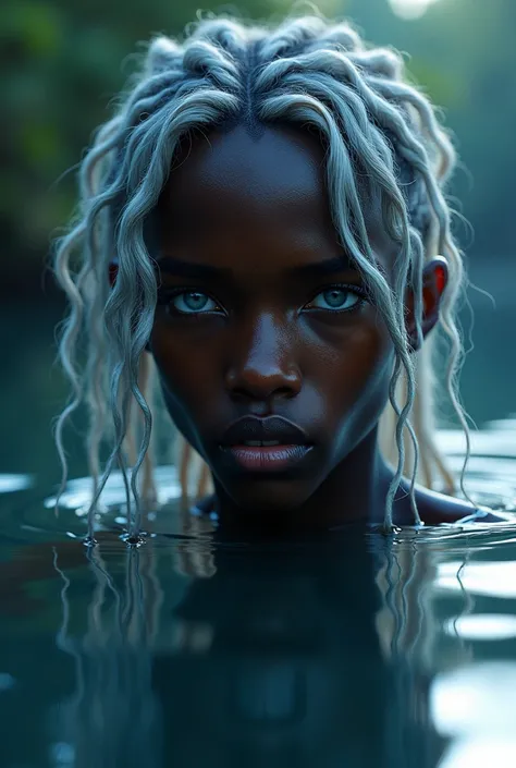 A dark skinned teenage male. soft feminine features , with silver lashes and eyebrows, with very long, silvery, curly, wet, shining hair in the moonlight, light blue eyes, face half submerged in glowing lake, surrounded by lush forest. Photorealistic ((hig...