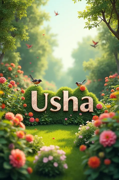 "Usha" the text front view in the middle of a pleasant garden with birds 