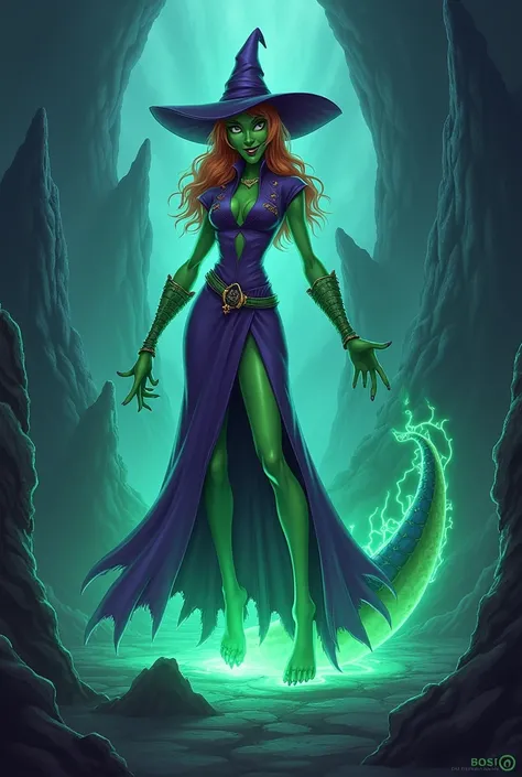 Daphne from scooby doo as an witch with a long nose and green skin transforming herself into a dragon
