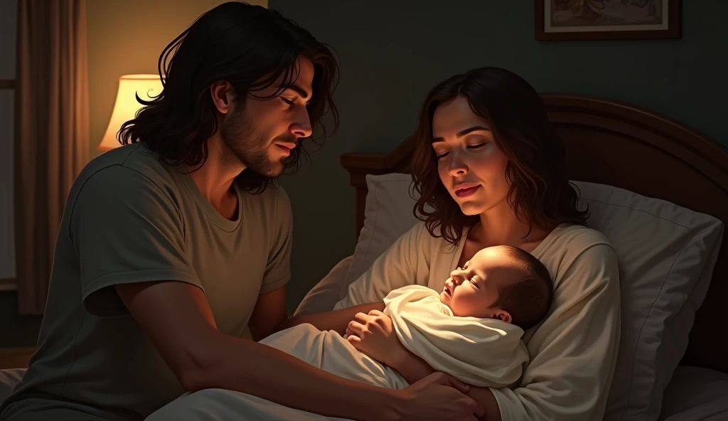 A small, dimly lit room where Amathlai, exhausted but relieved, holds her newborn son. A room is illuminated by a soft, glowing light, Amathlai, exhausted but relieved, holds her newborn son and Terah looks on, awe-struck by the sight.