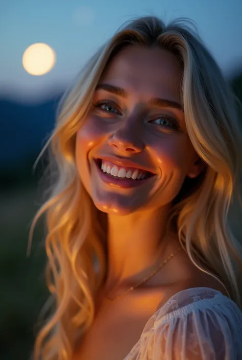 A beautiful Russian woman, blonde, (selfie of the face, smiling, joyful), ultra-detailed and high quality. The scene is outdoors at evening, set in nature with mountains in the background, stars and a glowing moon. The woman is looking directly into the ca...