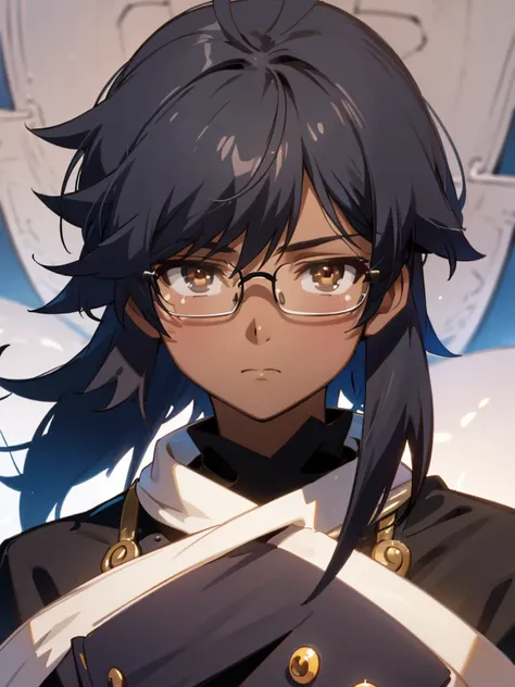 A boy black hair, black glasses, brown eyes, dark skin and a girl