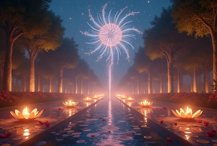 Magical Light Dance: Floating diyas light up a maze of water features during Diwali. Golden lotus flowers bloom at the touch of the flames, releasing colorful sparks that transform into luminous peacocks. In the night sky, constellations form shimmering ma...