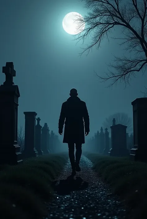 A man walking towards the grave site at night wearing a black jacket 