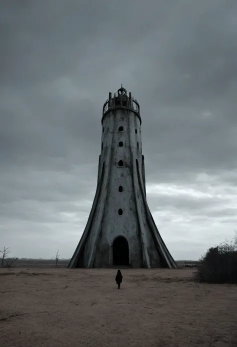 The photo shows a dark, post-apocalyptic landscape. Gray, cool colors dominate. In the distance rises a mysterious, monumental building made of huge, raw blocks. The building has the shape of several interconnected cylinders, and in each of them there is a...