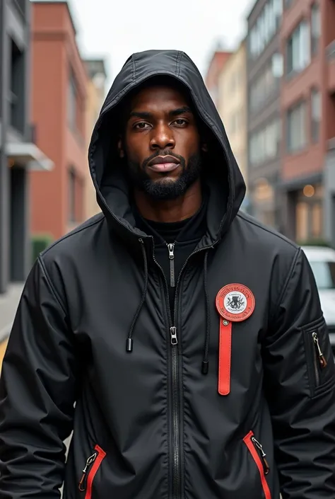 Close-up on a young black man, wearing a high quality hooded jacket, estilo streetwear, walking confidently down the street.]