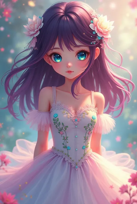 A young girl with dark fuchsia hair and turquoise eyes wearing a white princess-style dress with rainbow colors. Anime-type.
