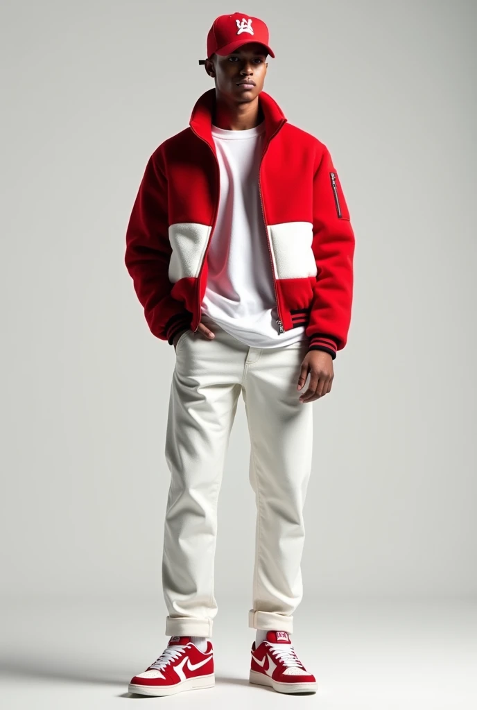 Red white woolen jacket white pant white tshirt nike air supreme shose red white cap mens
