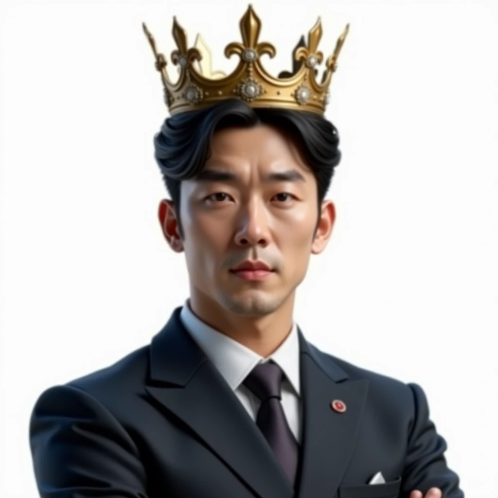 realistic handsome korean man with crown and have a Suit Clothes halfbody white background 