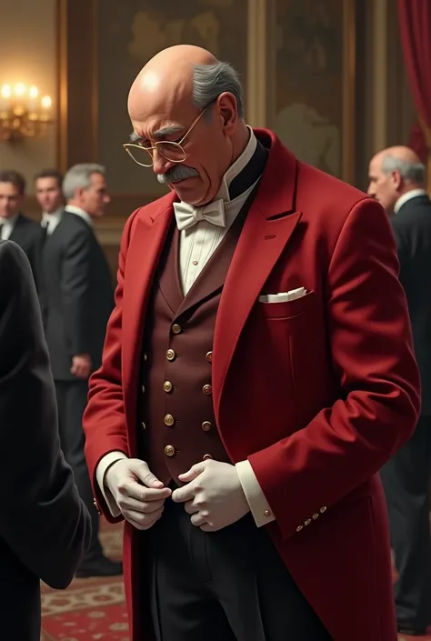 A butler, gray-haired and bald on top, a grey mustache with a red buttoned jacket, a penguin suit underneath, some elegant pants, bowing to his lord who has just arrived