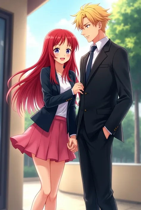 Anime look, avbeautiful girl, long red hair, wear a pink short skirt with blazer, look pretty and cheerfull, with a blonde man, with cold and stric expression, wear a black suit, their standing side by side holding hands