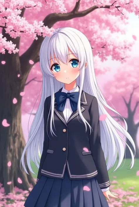 A girl in  stands in front of a tree，Pink blossoms blooming on the branches，1 Sister，by bangare tree，blazer jacket，Bow knot，neck bowtie，tree branch，Sakura NS，领The shirt，Daysiealling petallorest background，blossoms，graduate，flower  sea，jaket，Long white hair...