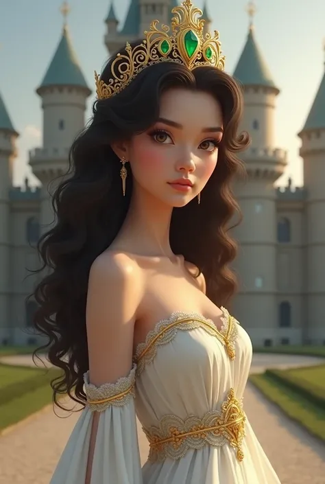 really dark brown curly hair  wearing a gold and emerald tiara a above knee small white dress big brown eyes really really pale
infront of a castle 