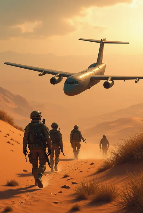 plane in desert with soldiers searching 