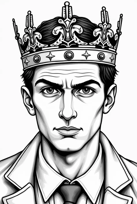 Attractive man with big eyes with crown in peaky blinders style black and white coloring page comic