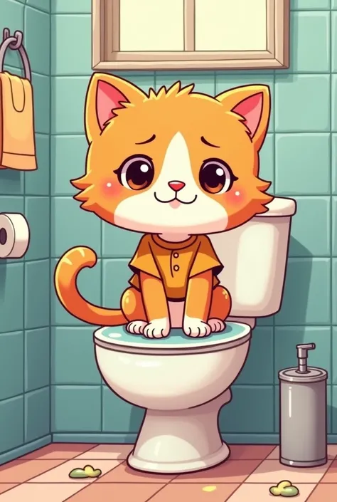 Make a cartoon kitten with a shirt sitting on toilet having diarrhea 