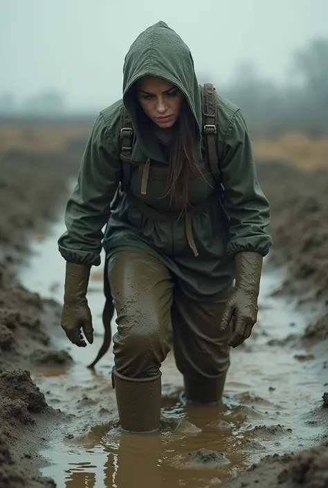 Woman with ruber raingear and longboots , coverd in mud, working hard as slave  in mud

Sad athmospere