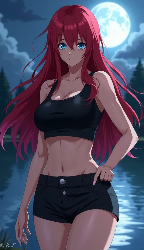 A realistic portrayal of Erza Scarlet from Fairy Tail wearing a casual but bold outfit that reflects her confident and powerful presence. She is dressed in a tight black crop top with a form-fitting short skirt, similar to the casual yet revealing outfits ...