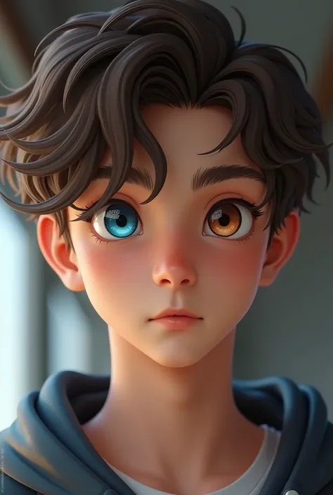 Create a teenage male character with heterochromia, one brown eye and one blue. The slightly wavy brown hair. Don&#39;t make your face too thin