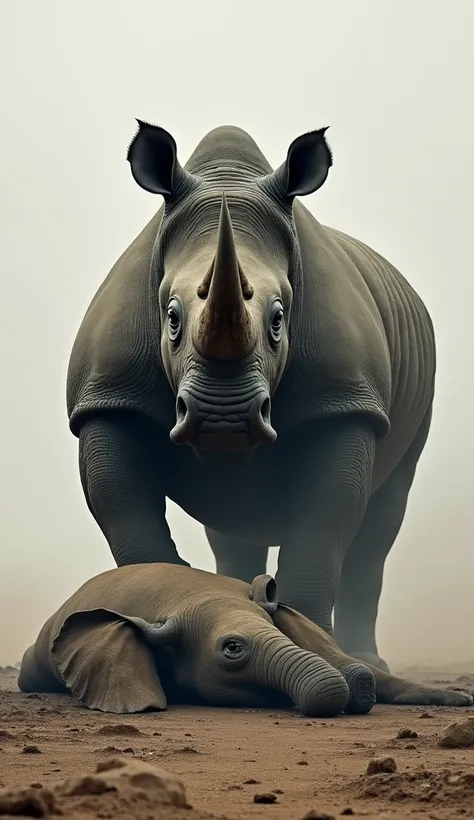 A large elephant lies dead on the ground, while a powerful rhinoceros stands with a horn above the elephant. The rhinoceros is much bigger than the elephant.