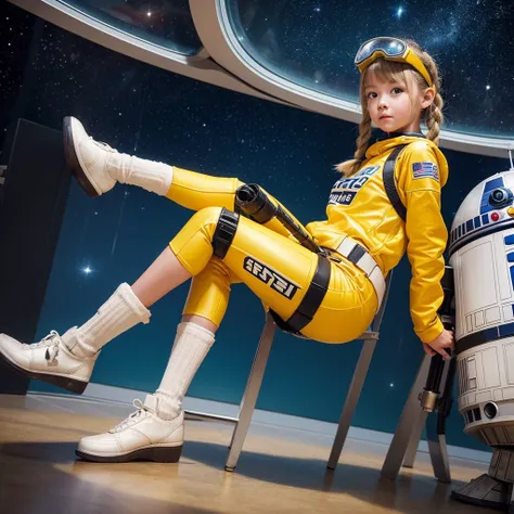 corona,Very young child,small,blonde,Surprised face,retro artstyle,One Girl,Please put goggles on your head,Braiding,,R2-D2,BB-8,C3-PO type,Prosthetic arm,prosthetic limb,wear a tight-fitting yellow space suit,with a machine gun,Space Station,The vast univ...