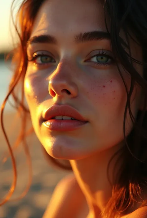 Romantic, intimate close-up portrait of the face of a woman sunbathing, lit by soft sunset light. Her skin has a natural texture, with small imperfections visible near the jawline, light freckles on the cheeks and a slight dryness around the lips. These im...