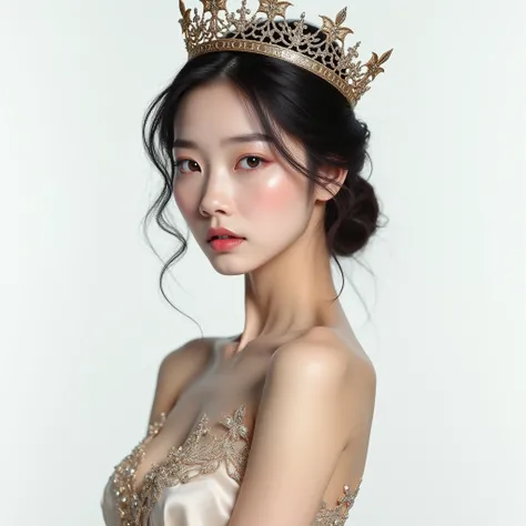 realistic korean pop model woman with crown and have a Gown Clothes halfbody white background 