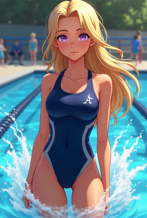 Middle school girl with A-cup breasts, blonde gal　Long hair Purple eyes 　　Tanned brown skin　（One person） Navy blue competitive swimsuit　Standing by the pool　splashes rise　 Dynamic Angle　Low - Angle