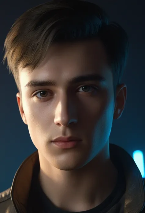 Detailed Cyberpunk Portrait ,(((SKS Men))), (((20 year old man))), Illustration, Perfect Face,  (Short Hair), Matte Skin, pores, Wrinkles, Very detailed, Surreal, Moody lighting,  Soft diffuse lighting,  Fine points, Realistic Shadows, Complex, elegant,