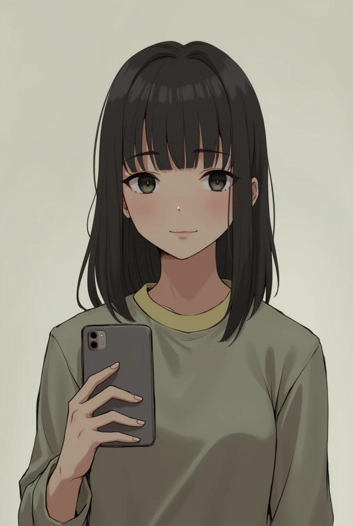 "A person with shoulder-length straight hair, representing Niko, as seen from the perspective of a smartphones internal camera (selfie mode). Niko is holding the smartphone in her hand, which is positioned at a slightly upward angle above her head. The ima...