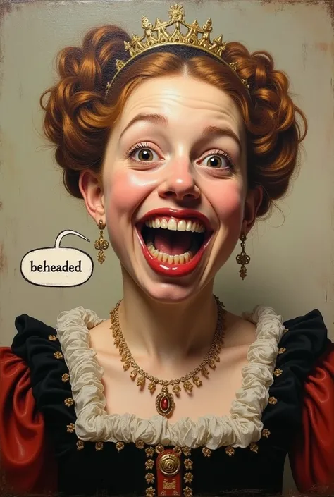 An oil painting of Catherine Howard acting goofy and a twisted teeth with a text bubble with written in it beheaded 