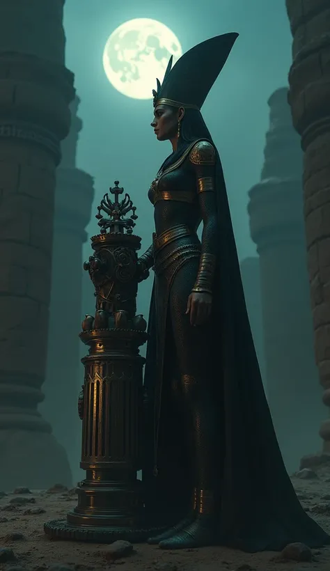 Queen Faraó Hatshepsut In ancient Egypt, (intricate details of the high quality machine), cinematic style, absolute sharpness, 8k image.(masterpiece).gloomy night lighting,Moonlight, all in a mystical and mythological setting.