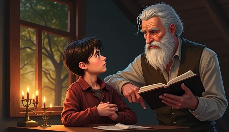 The grandfather, leaning in close to Aryan, his face serious and filled with concern, gesturing towards the forest outside the window while Aryan listens intently.
