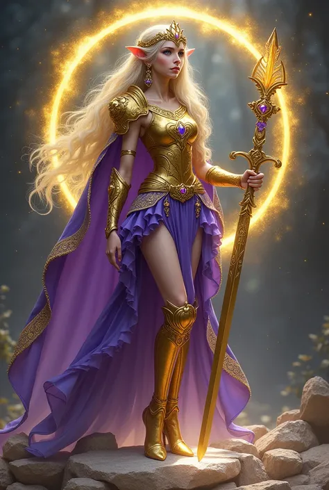 a tall, slender sidhe/elf fae warrior, member of the crystal circle, with ethereal, magical qualities, wearing a gold metal tiara with amethyst crystals on her head, elvish ears with gold and amethyst spear earrings, gold metal pauldrons on her shoulders, ...