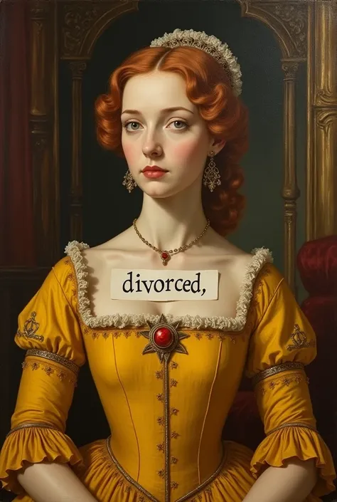 An oil painting of Catherine of Aragon in a yellow dress with a text bubble with written in it divorced
