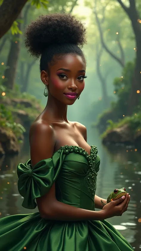 Make a black woman wear a dress like princess Tiana  , hair tied up , black hair ,brown eyes, a faint smile, pink lipstick, forest background filled with fireflies facing the camera , realistic image, real photography, , (XLabs F.9 Realism LoRA V9), (Dream...