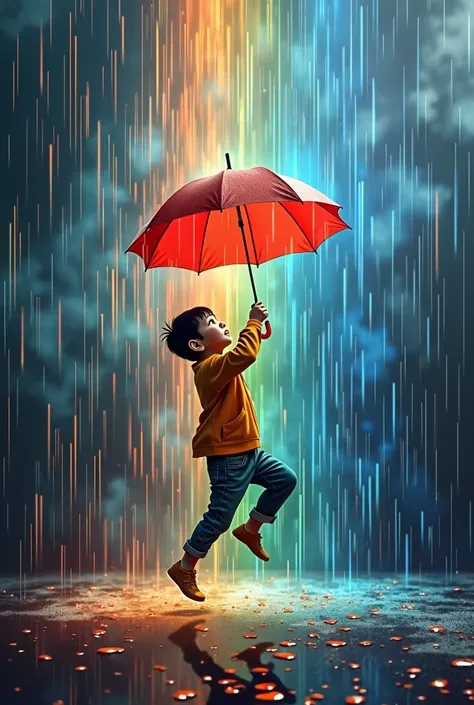 every different colour rain drop on the sky one boy stunt with umbrella realistic wall painting cinematic view amazing light compressor