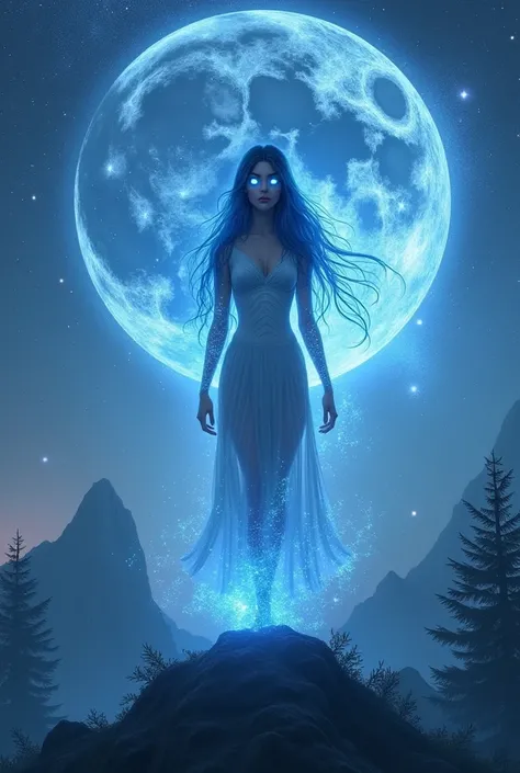 White girl standing on top of a mountain surrounded by trees, with long straight blue-black hair, Her skin and body shine with a sky-blue aura, The iris of his light blue eyes reflecting the brightness of a thousand stars behind him a large celestial circl...