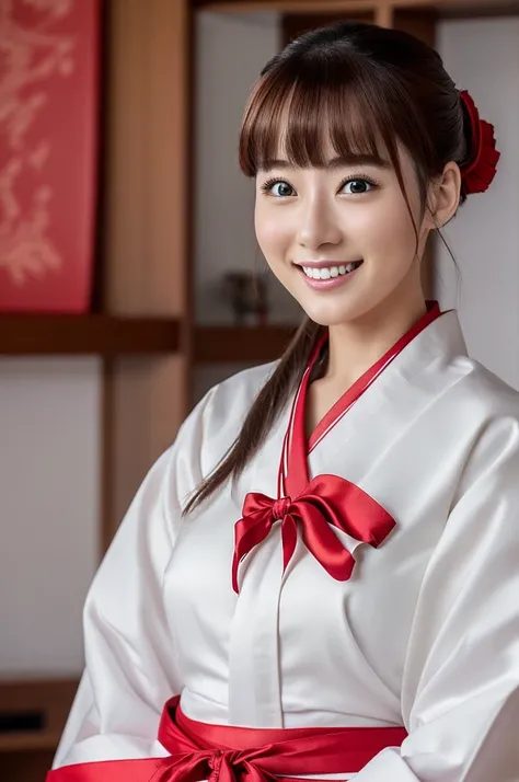 8k、High definition、Ultra Detail、Photorealistic、High resolution、Realistic and accurate depiction、Realistic and accurate human anatomy、Best Quality、Japanese women 、beautiful girl、White and red hakama、Red hakama on top and red on bottom,White tabi,Red ribbon ...