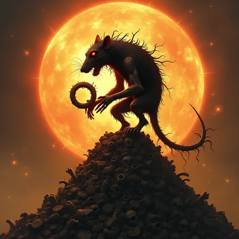 Evil and cursed Rat Men, stands atop a mountain of bones, his twisted form illuminated by the fiery glow of a supernova. His eyes burn with a hunger for power as he clutches Saurons ring.