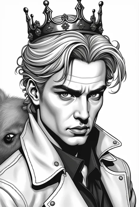 Attractive man with big eyes with crown and blond hair close to a Malinois with light fur in peaky blinders style black and white coloring page comic