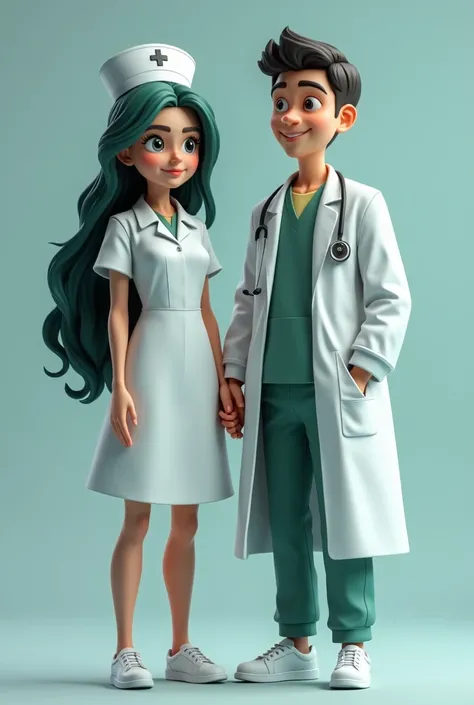 3D look, a beautiful girl, long dark green hair, wear a nurse uniform, look cold and indifferent, with a brown hair man, with cheerfull expression, wear a Doctors uniform, their standing side by side holding hands.