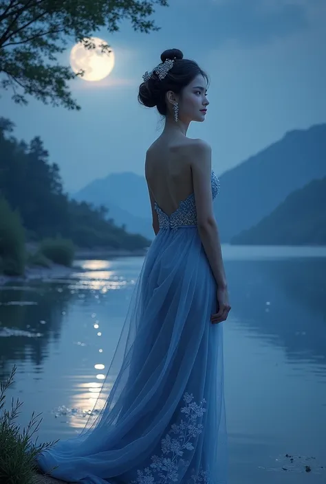 a beautiful young chubby Thai woman.on the shore of a quiet lake at night, The person has an intricate updo hairstyle with silver details that reflect soft light.. They wore dresses with a blue and white color palette., which displays intricate details. Th...