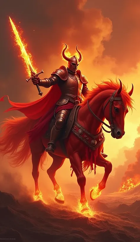 Four Horsemen of the Apocalypse, a knight in red, red horse riding, fiery red horse, Fire Sword, head with fiery horns